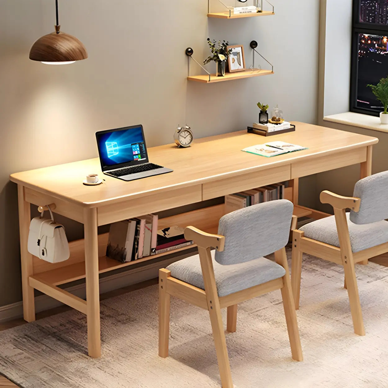 Rubberwood H-Base Double Writing Desk with Drawer — Natural Finish / Table Only