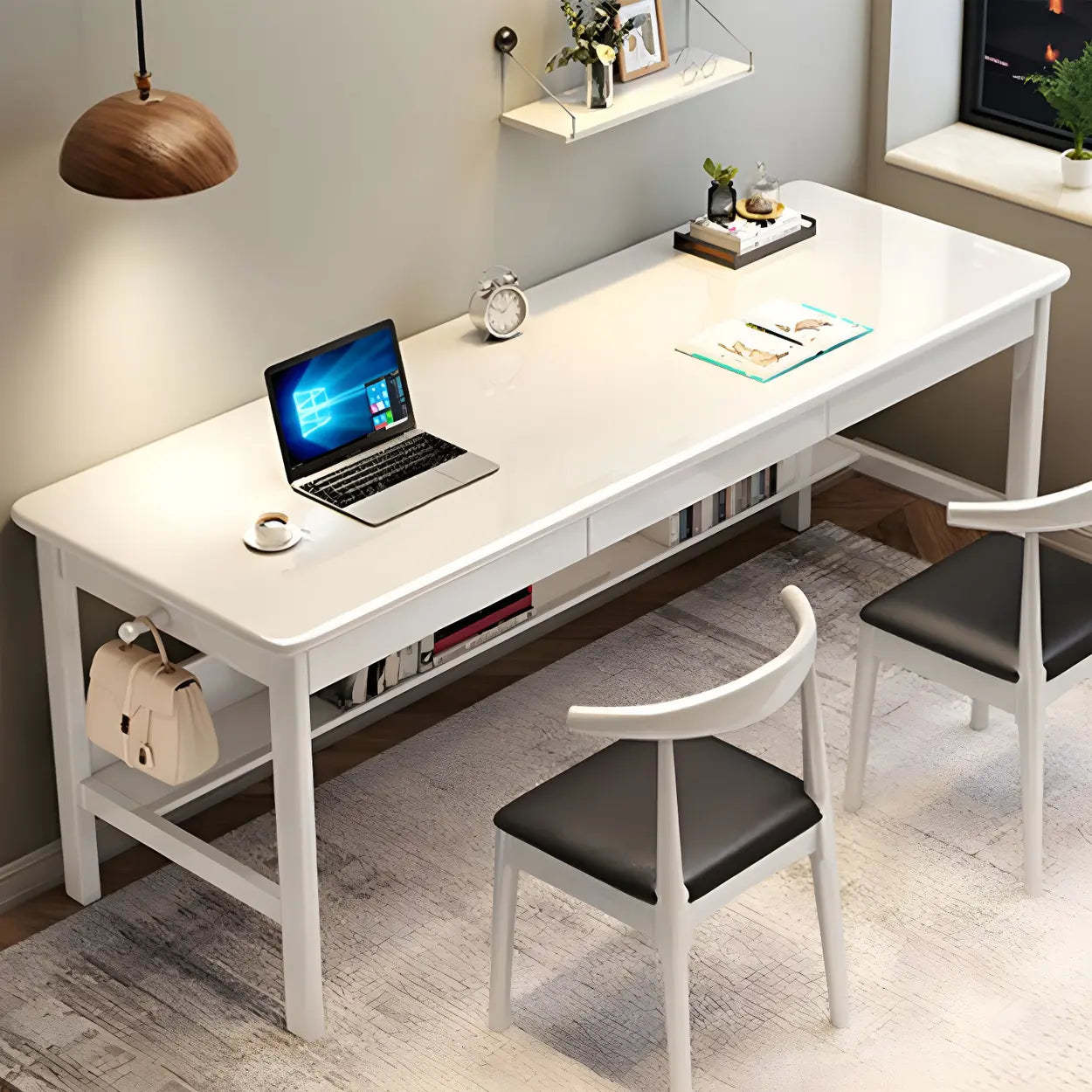 Rubberwood H-Base Double Writing Desk with Drawer — Walnut / Table Only