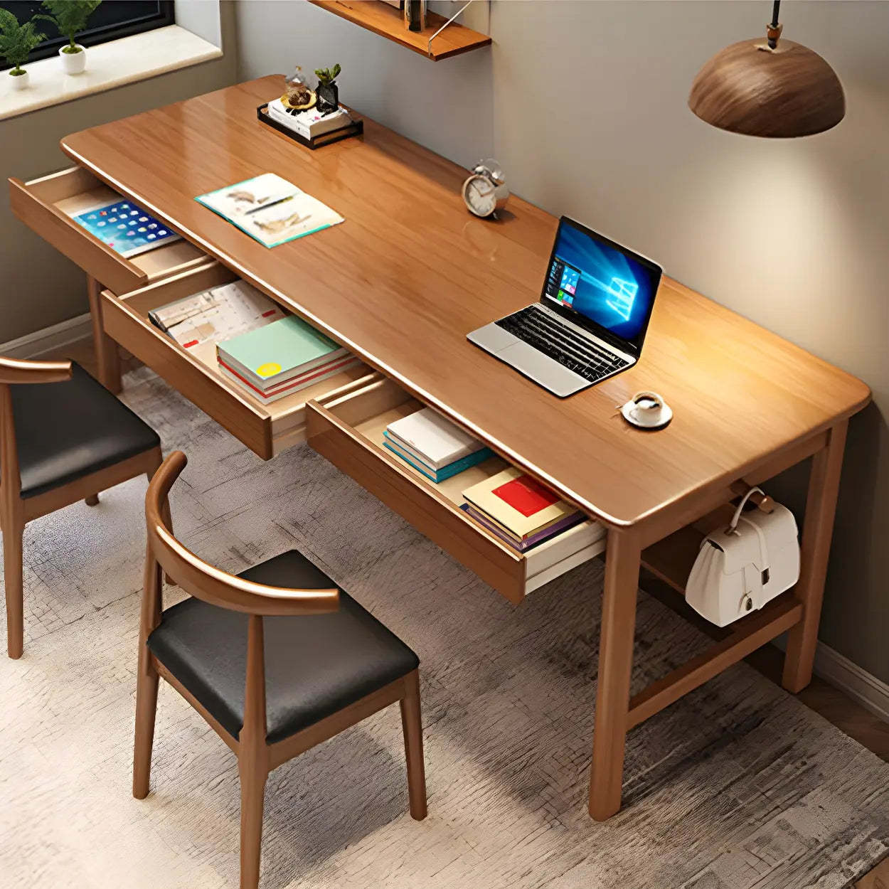Rubberwood H-Base Double Writing Desk with Drawer — White / Table Only