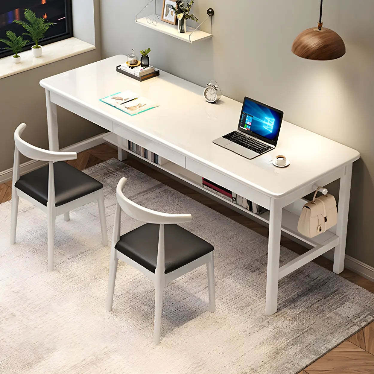 Rubberwood H-Base Double Writing Desk with Drawer — Natural Finish / Table Only
