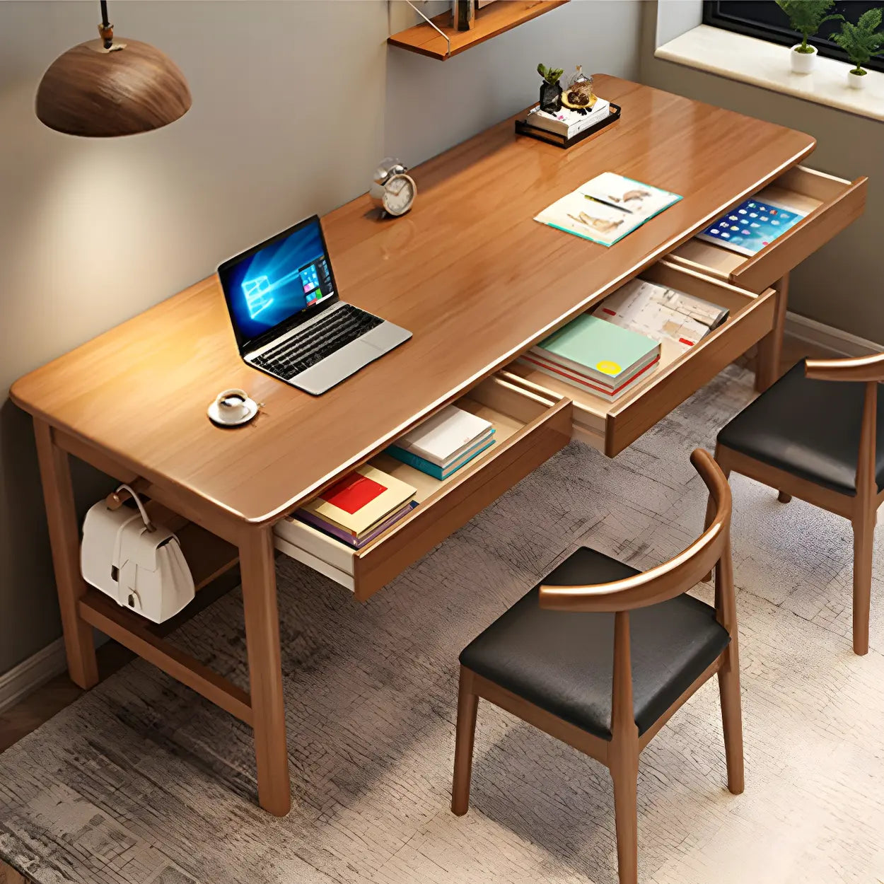 Rubberwood H-Base Double Writing Desk with Drawer — Walnut / Table Only