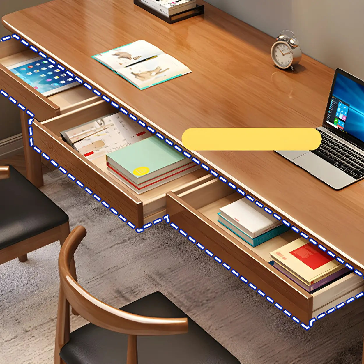 Rubberwood H-Base Double Writing Desk with Drawer