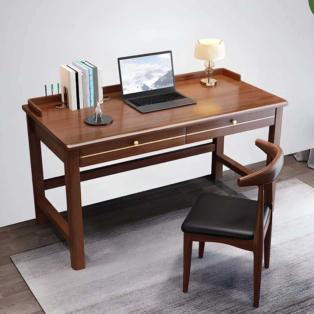 Rubberwood H-Base Writing Desk with Drawers — Natural Finish / Table Only
