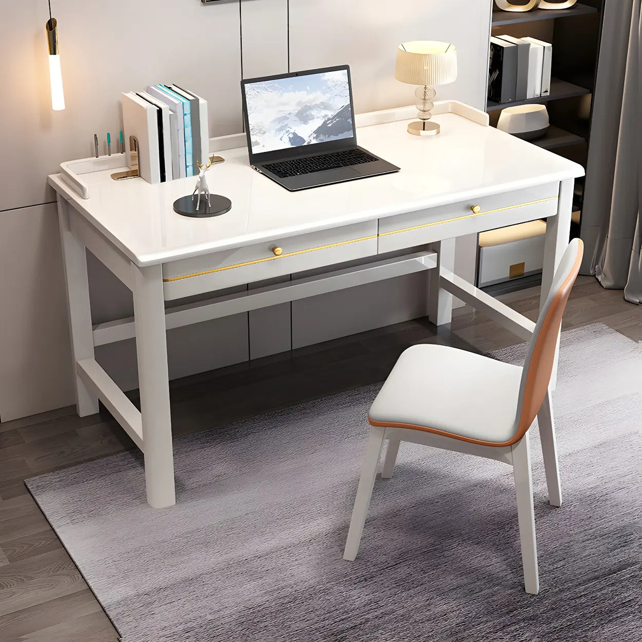 Rubberwood H-Base Writing Desk with Drawers — Natural Finish / Table Only