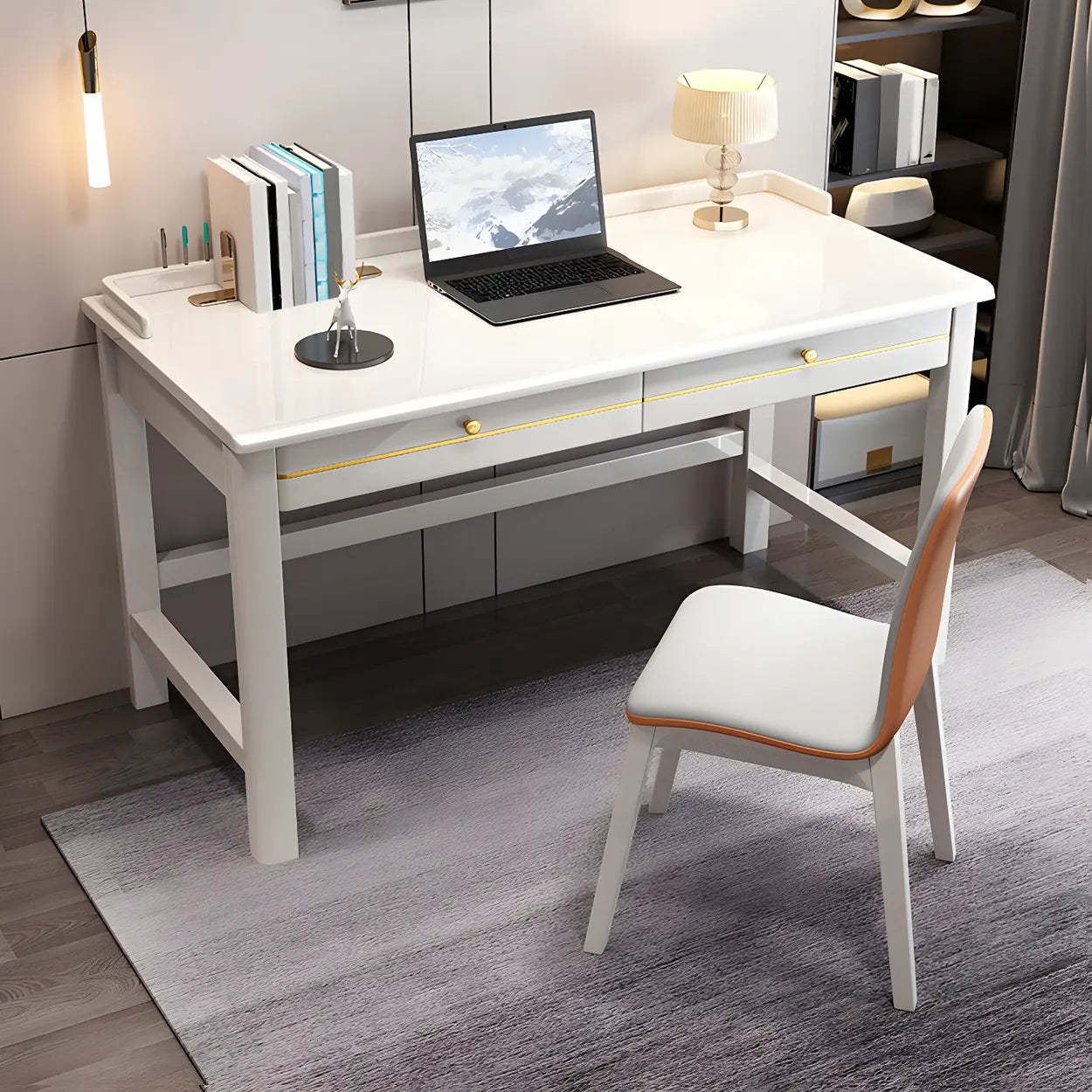 Rubberwood H-Base Writing Desk with Drawers — Natural Finish / Table Only