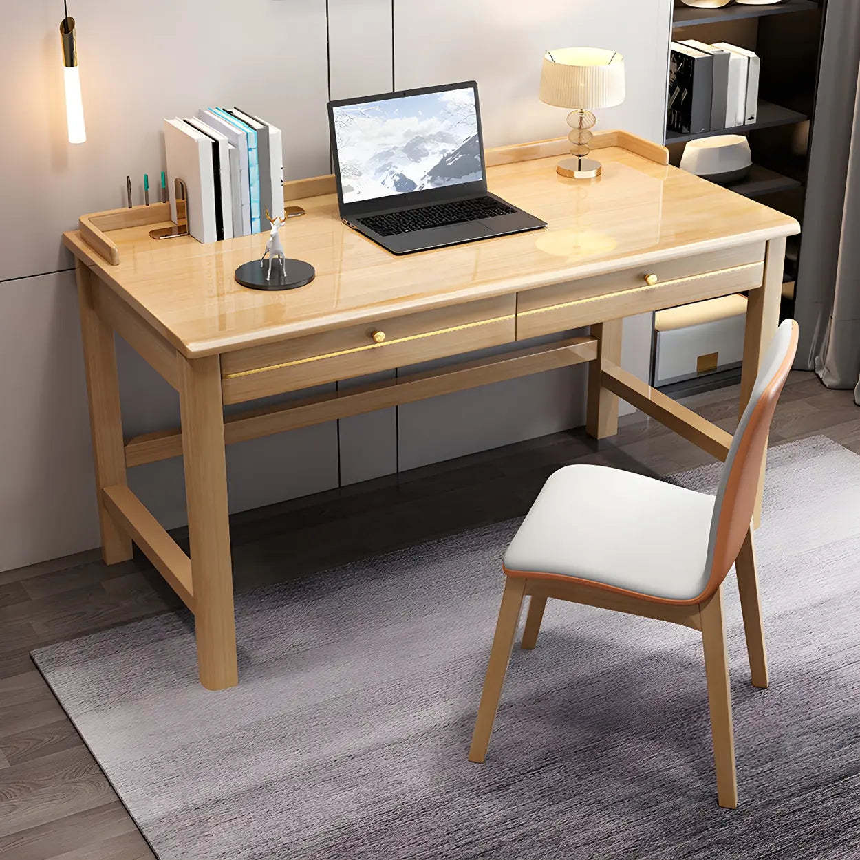 Rubberwood H-Base Writing Desk with Drawers — Walnut / Table Only