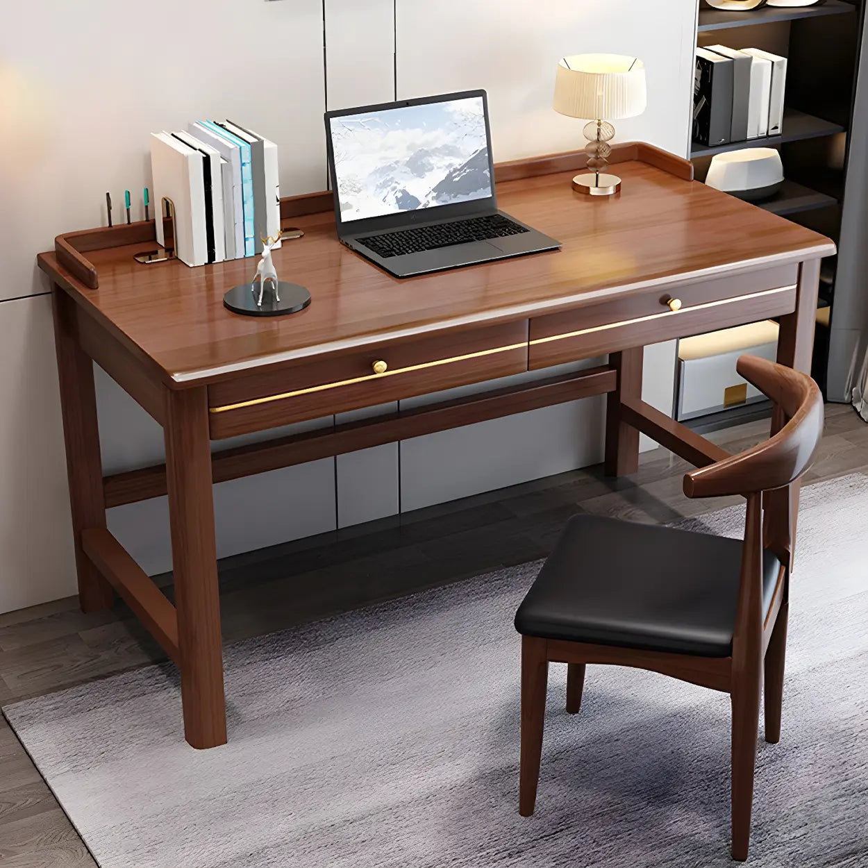 Rubberwood H-Base Writing Desk with Drawers — Grey / Table Only