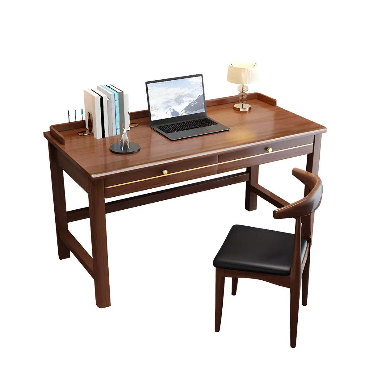 Rubberwood H-Base Writing Desk with Drawers — White / Table Only