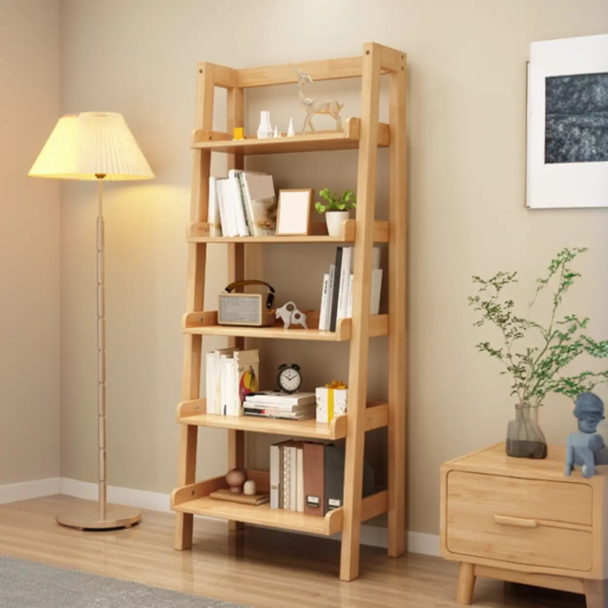 Rustic Ash Wood Ladder Bookshelf