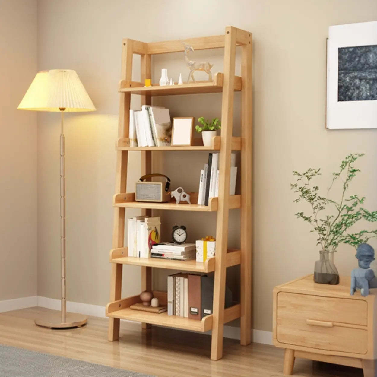 Rustic Ash Wood Ladder Bookshelf — Grey