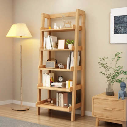 Rustic Ash Wood Ladder Bookshelf — Grey
