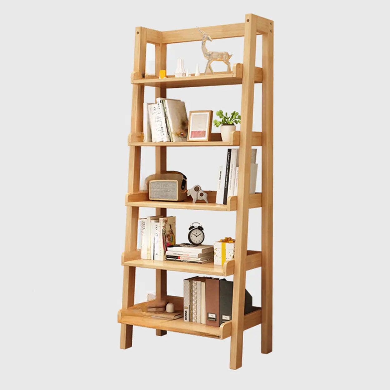 Rustic Ash Wood Ladder Bookshelf — Grey
