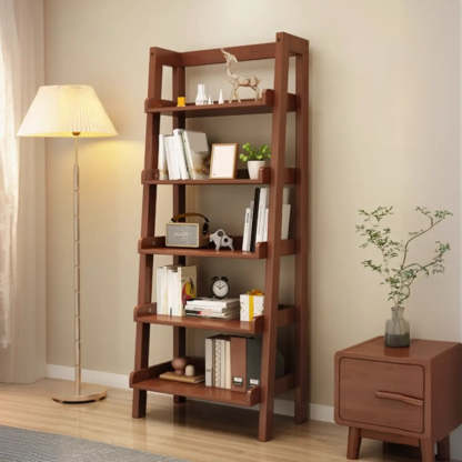 Rustic Ash Wood Ladder Bookshelf — Natural Finish