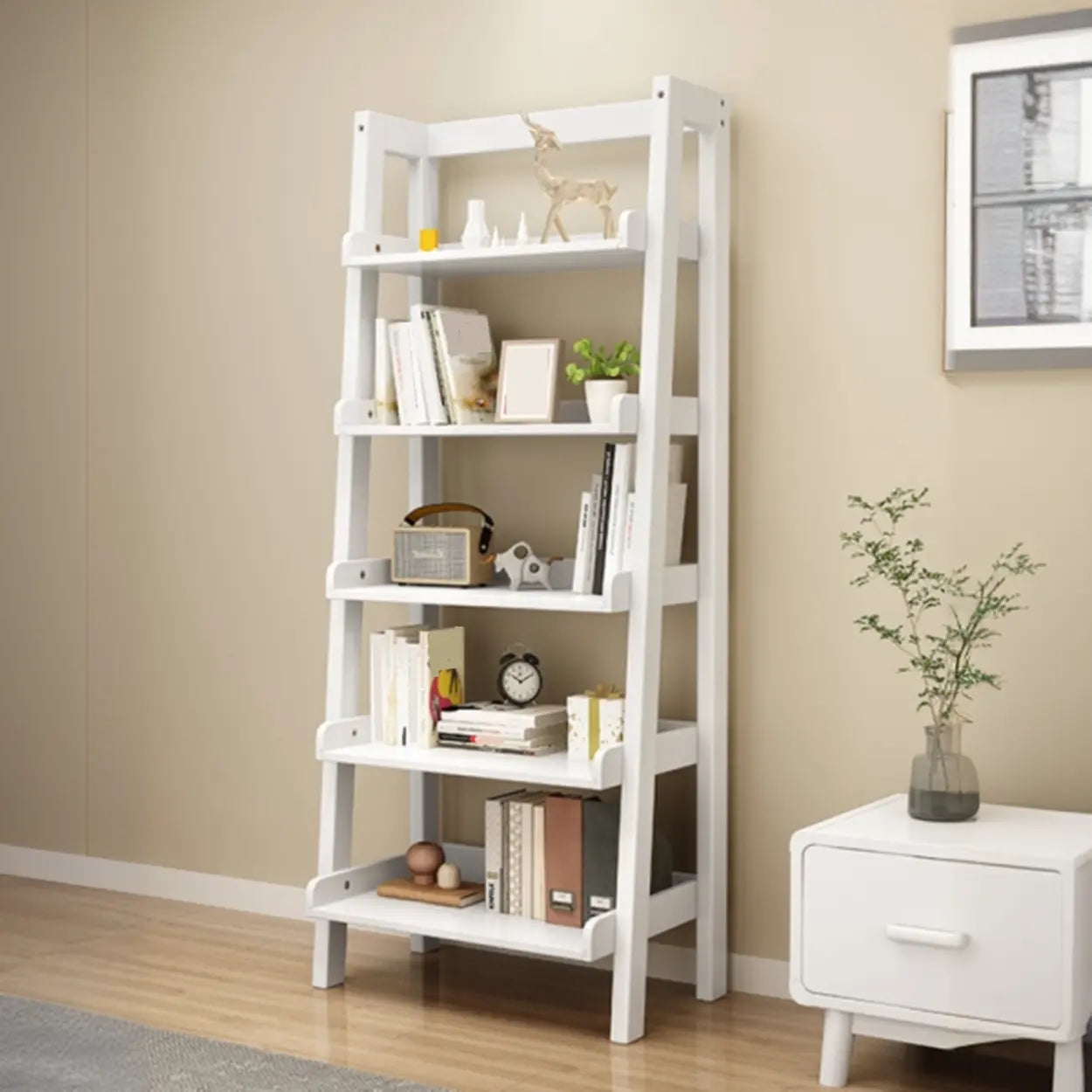 Rustic Ash Wood Ladder Bookshelf — Natural Finish