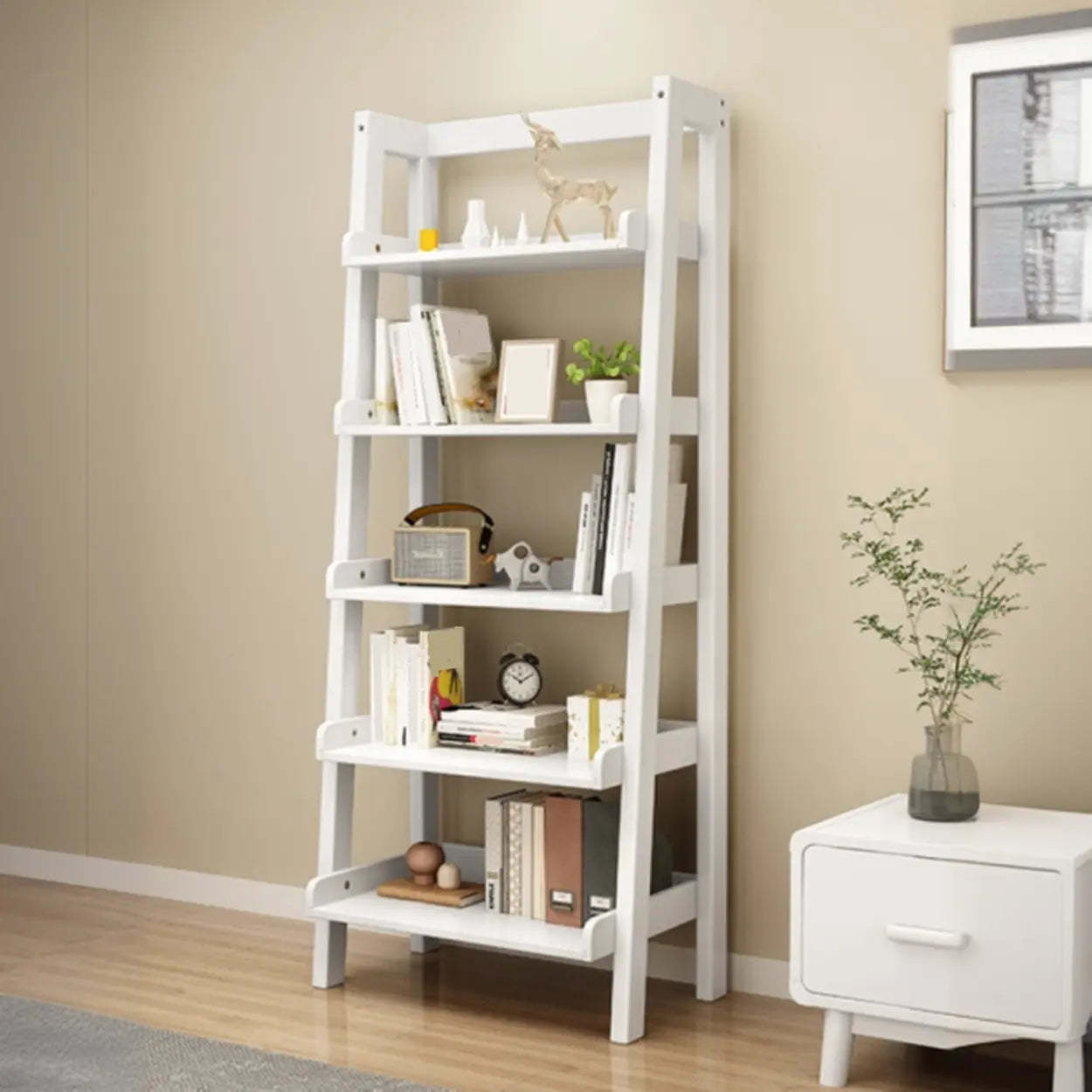 Rustic Ash Wood Ladder Bookshelf — Natural Finish