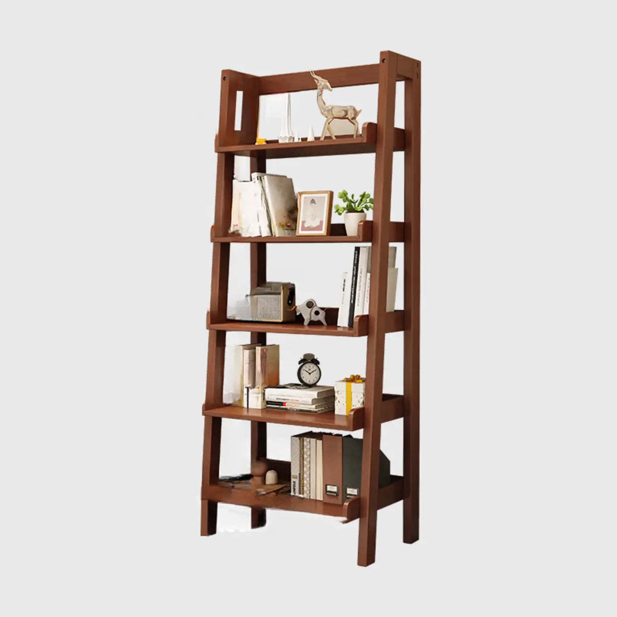 Rustic Ash Wood Ladder Bookshelf — Walnut