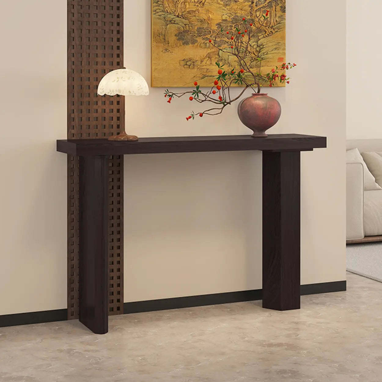 Rustic Asymmetric-Leg Wood Entryway Console Table — Ebony