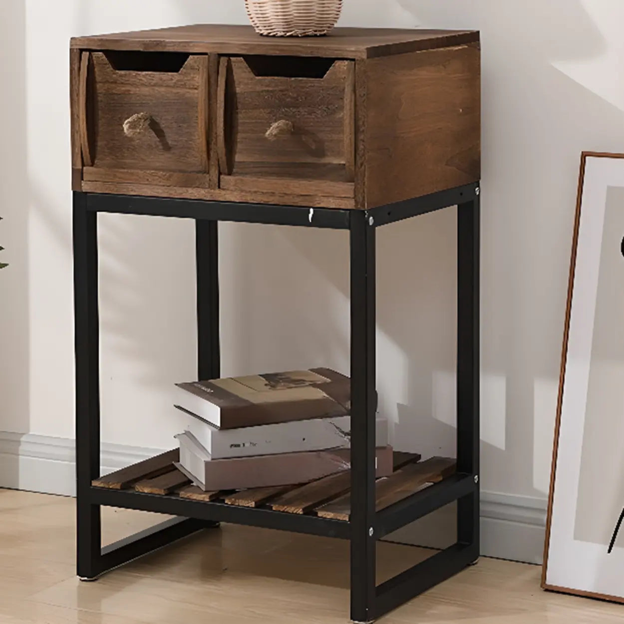 Rustic Black Frame Wood Square Storage Console Table