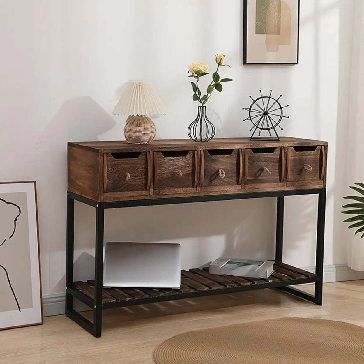 Rustic Black Frame Wood Square Storage Console Table