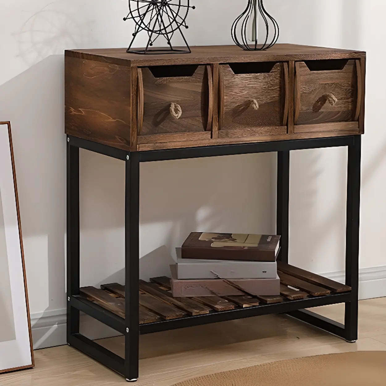 Rustic Black Frame Wood Square Storage Console Table