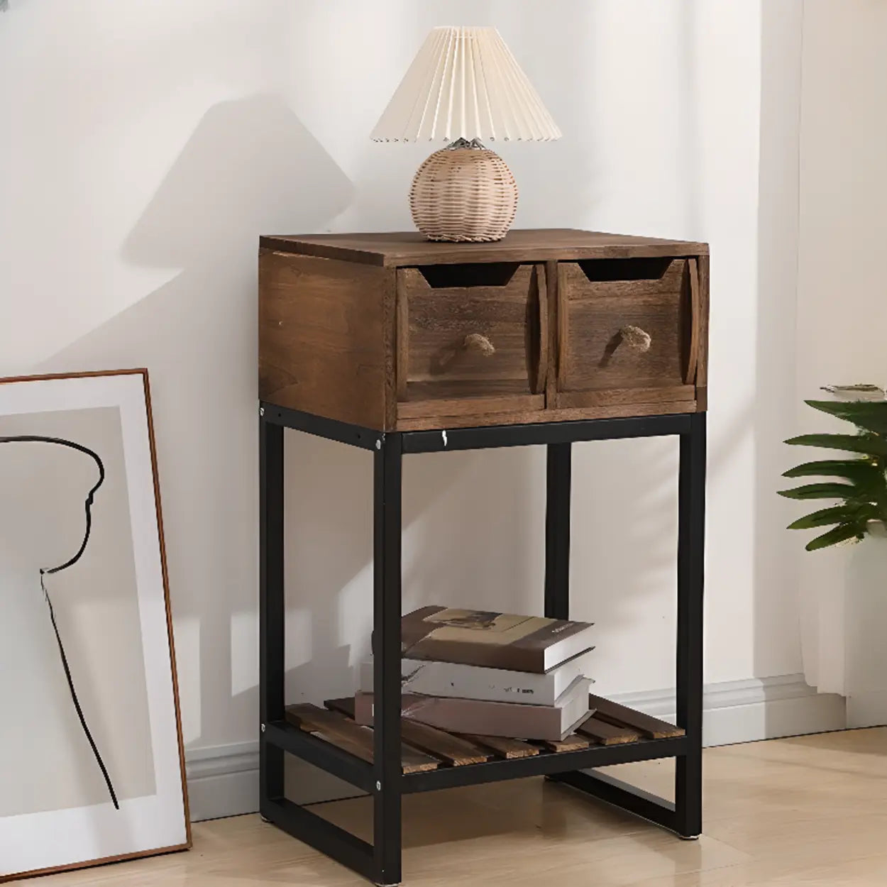 Rustic Black Frame Wood Square Storage Console Table