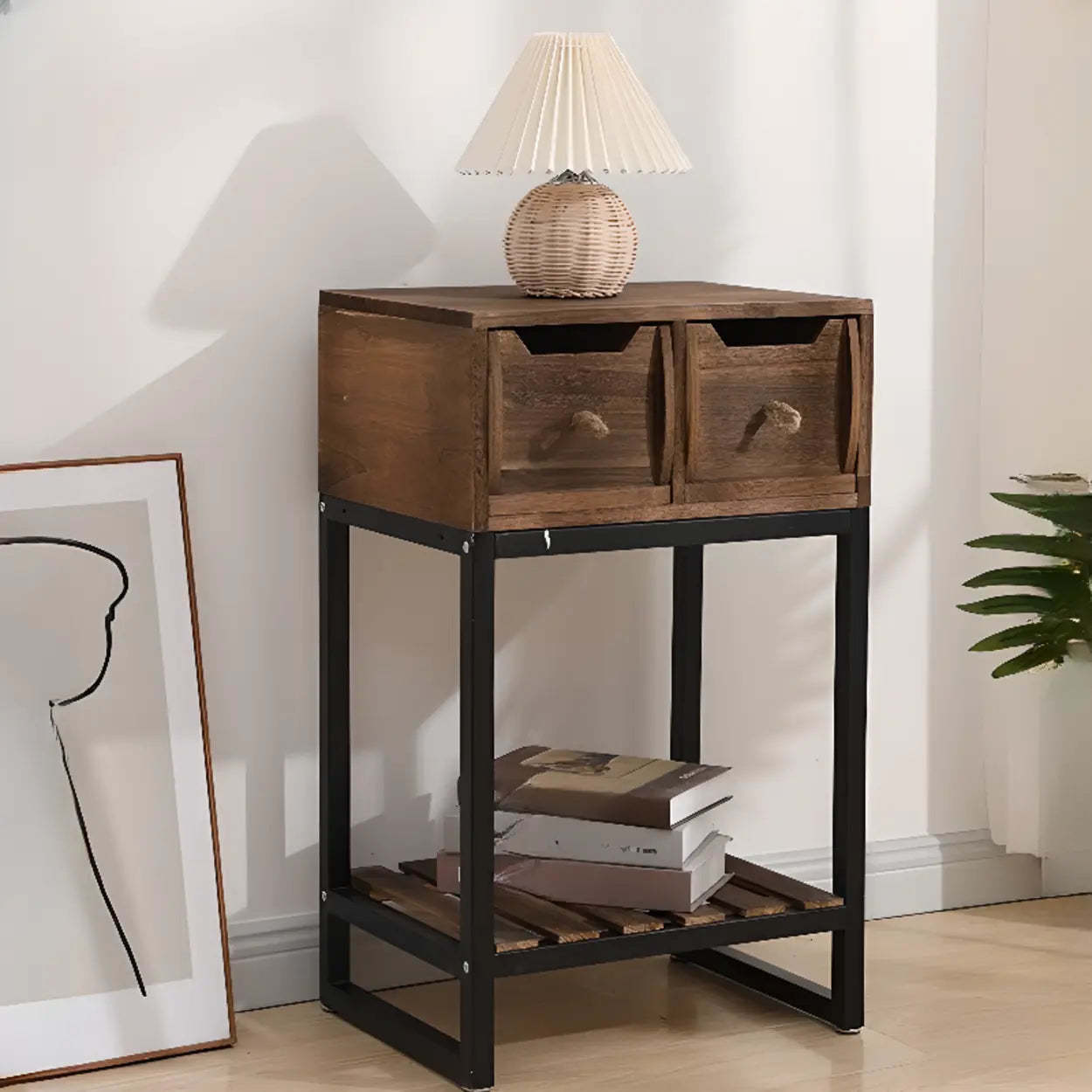 Rustic Black Frame Wood Square Storage Console Table