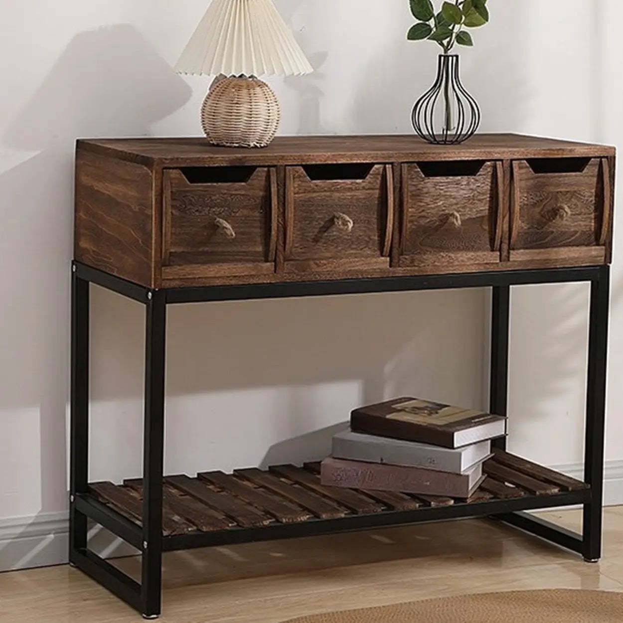 Rustic Black Frame Wood Square Storage Console Table