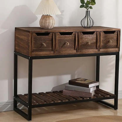 Rustic Black Frame Wood Square Storage Console Table