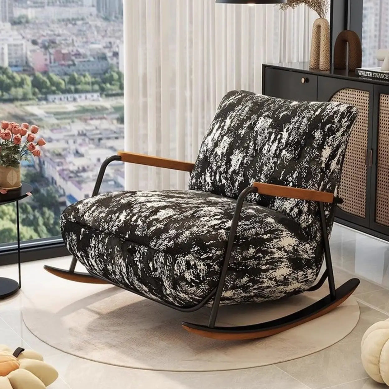 Rustic Black Pattern Stain-Resistant Rocking Chair — Black