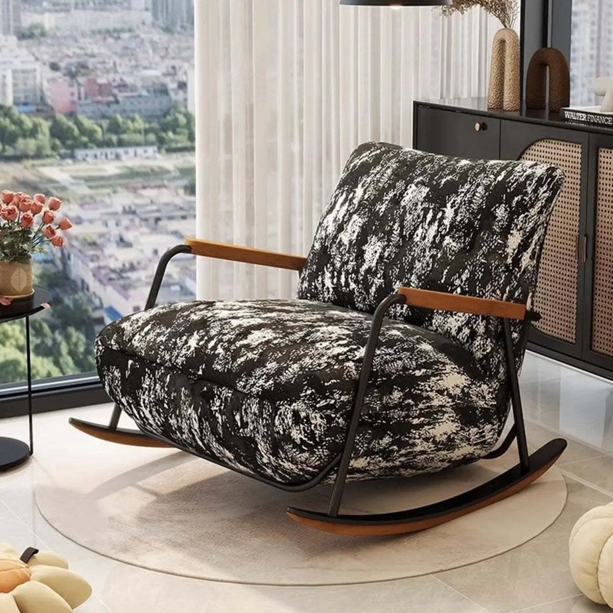 Rustic Black Pattern Stain-Resistant Rocking Chair — Black