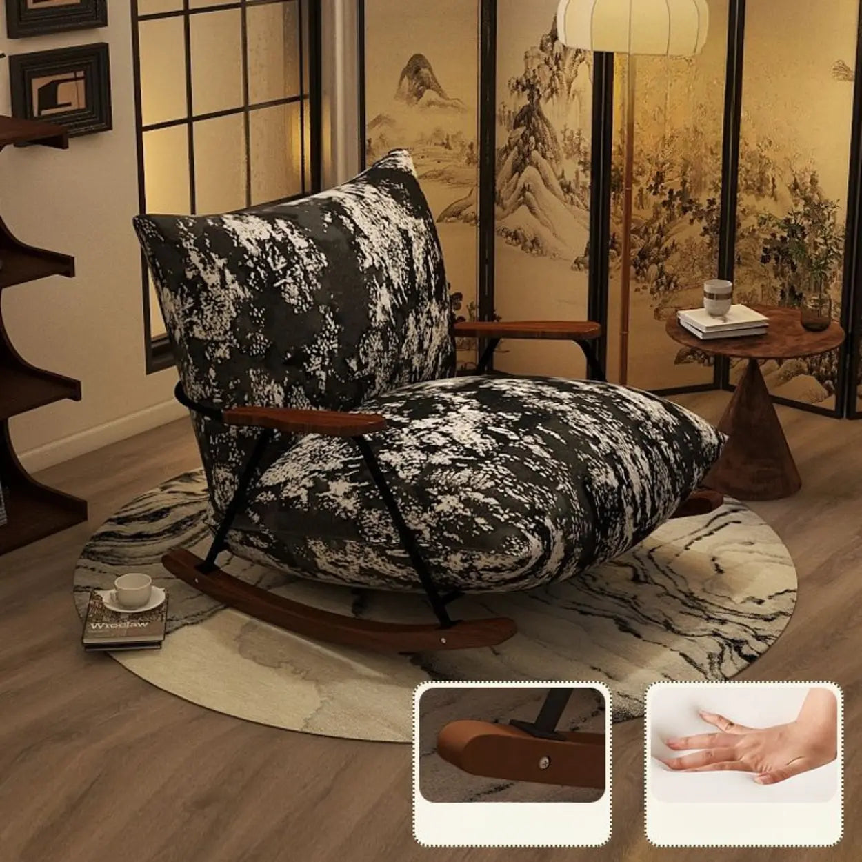 Rustic Black Pattern Stain-Resistant Rocking Chair — White