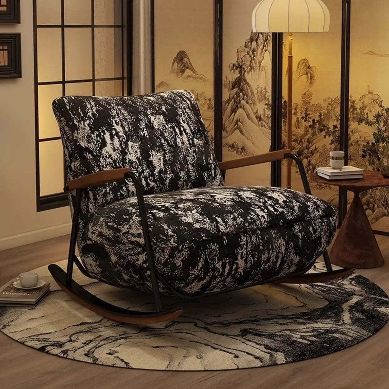 Rustic Black Pattern Stain-Resistant Rocking Chair — Yellow
