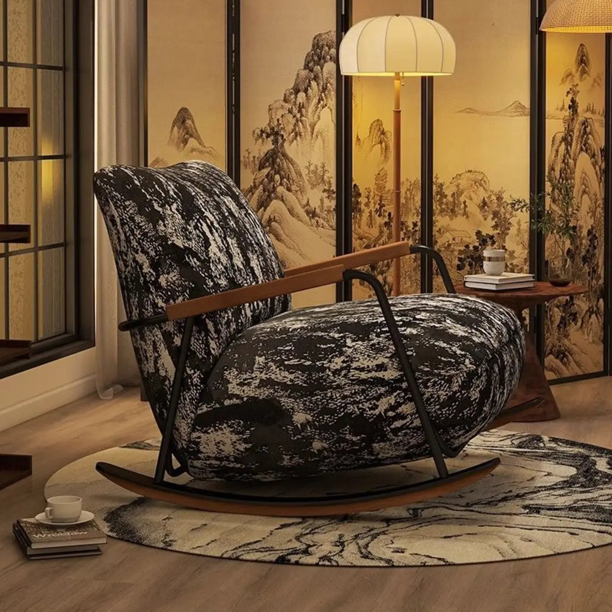 Rustic Black Pattern Stain-Resistant Rocking Chair