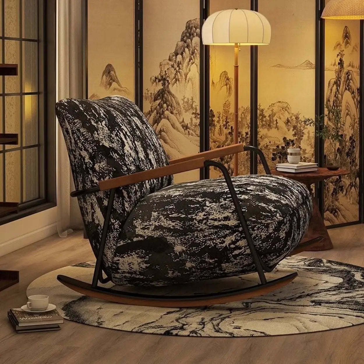 Rustic Black Pattern Stain-Resistant Rocking Chair