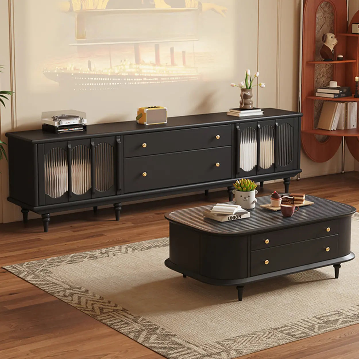 Rustic Black Wood Drawer Cabinet Long TV Stand