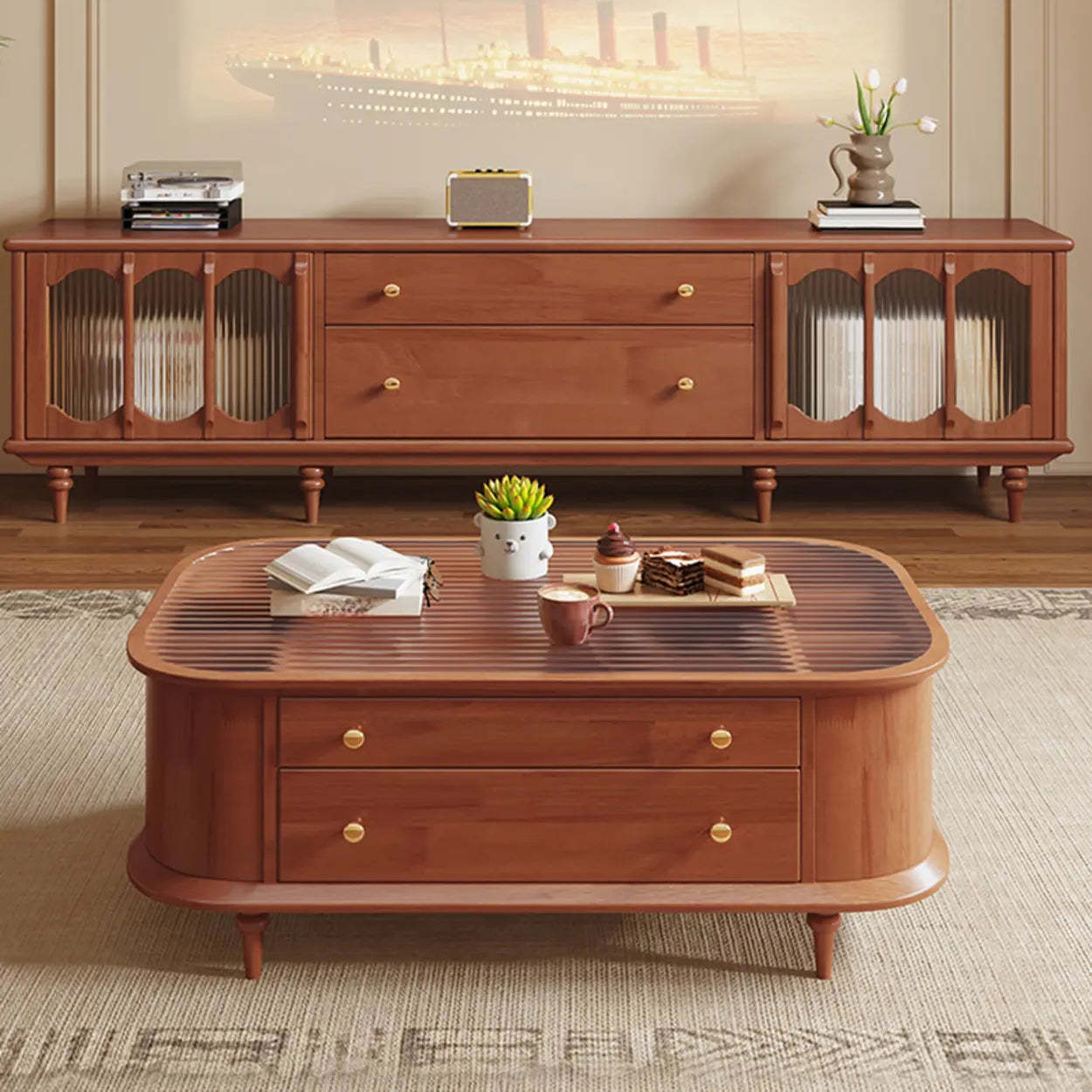 Rustic Black Wood Drawer Cabinet Long TV Stand