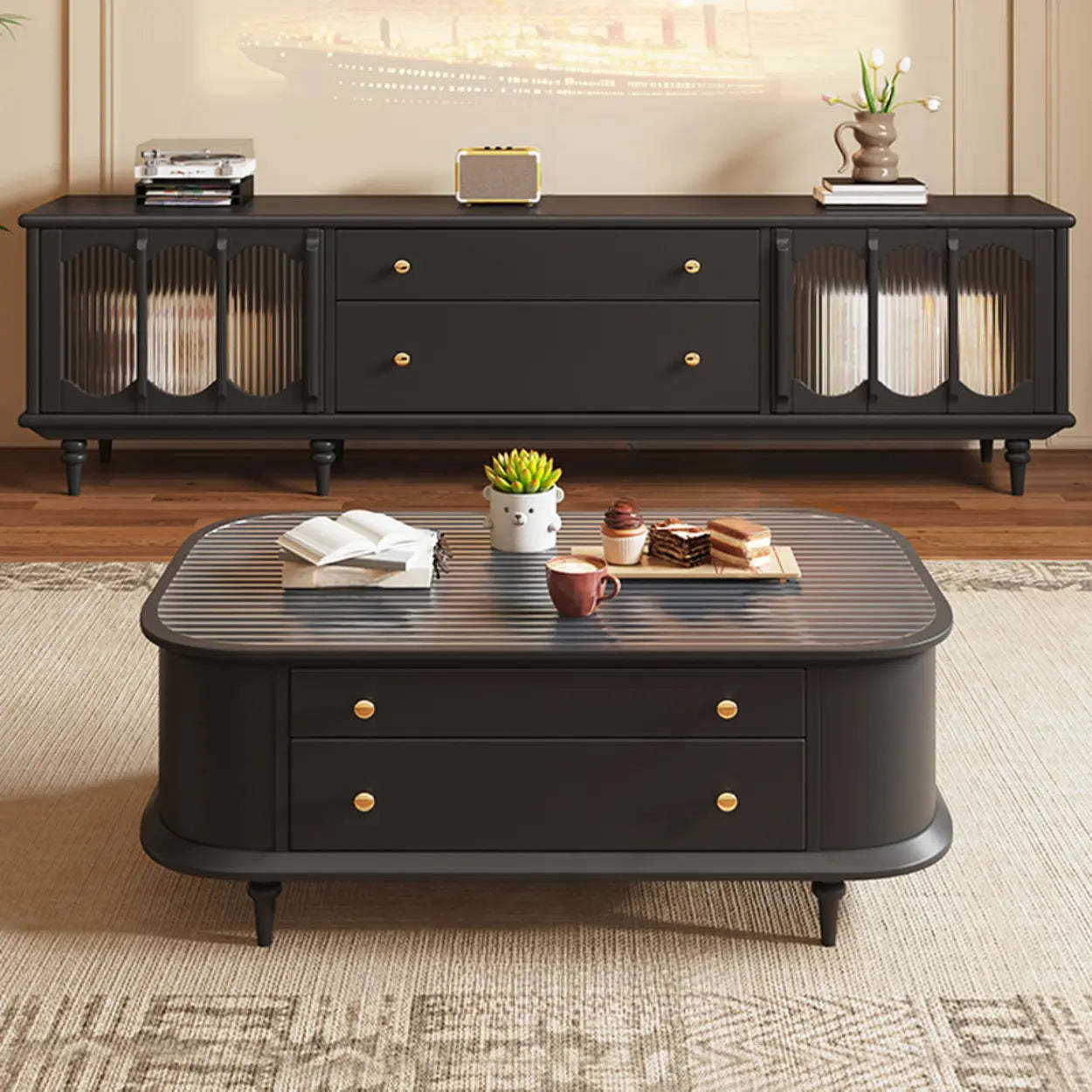 Rustic Black Wood Drawer Cabinet Long TV Stand