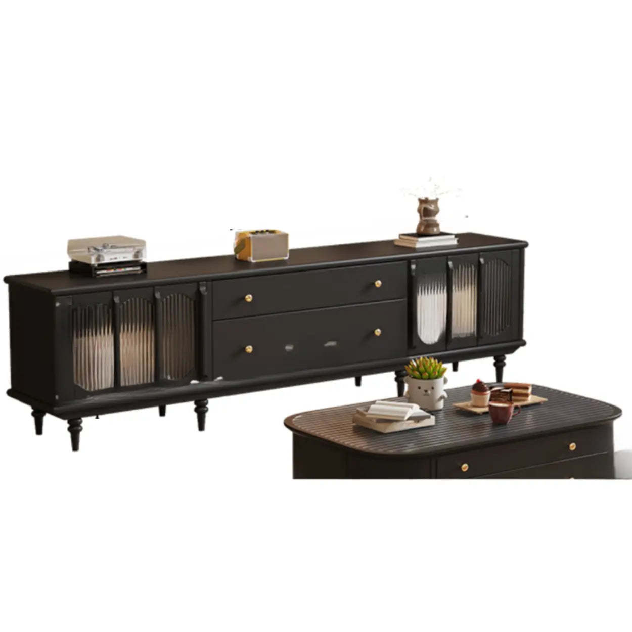 Rustic Black Wood Drawer Cabinet Long TV Stand