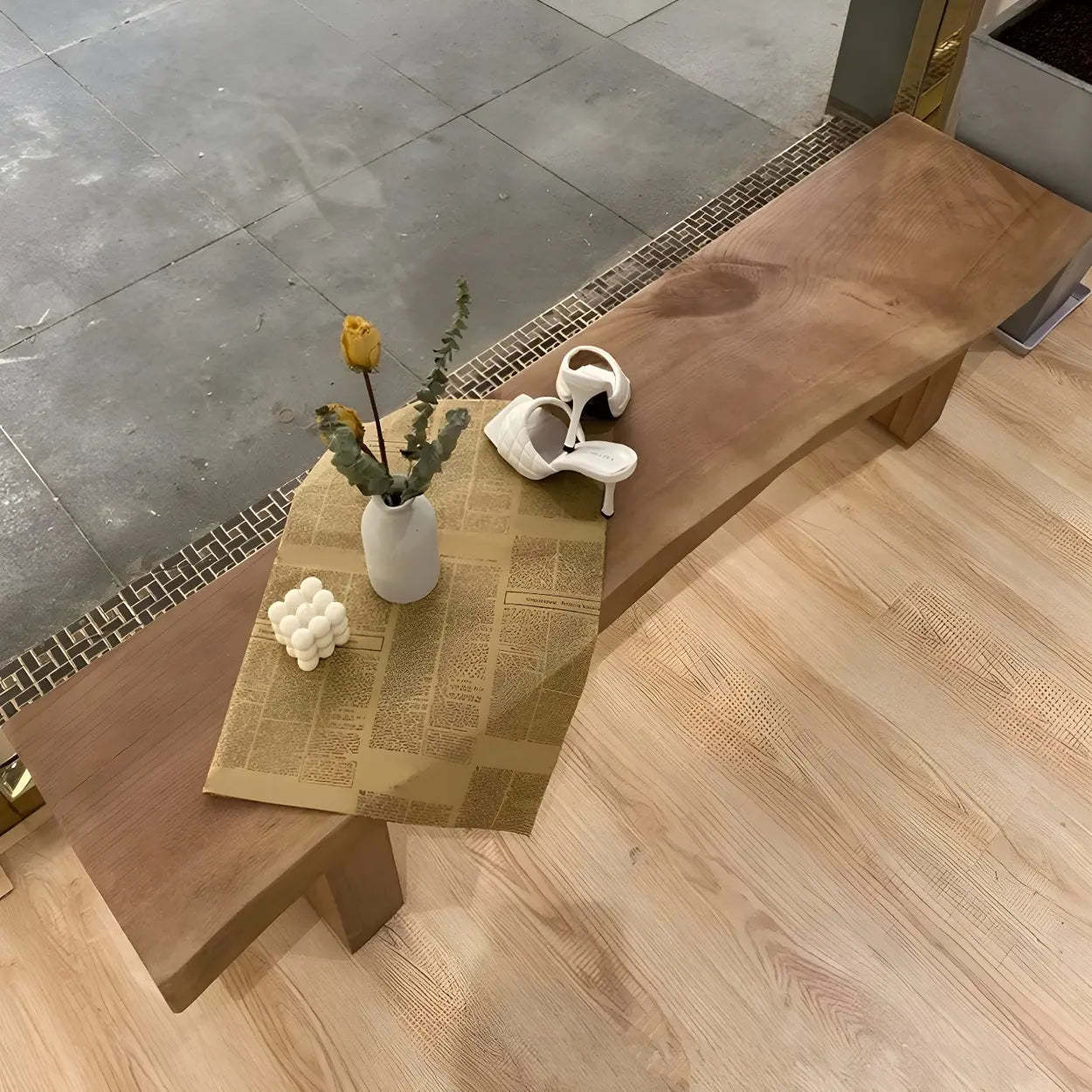Brown rustic pine curved shoe benches — 110" L x 14" W x 18" H