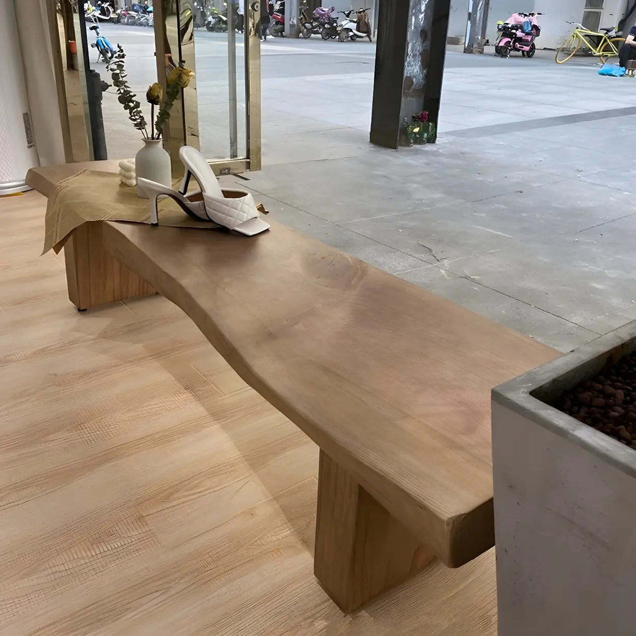 Rustic Brown Curved Pine Dining Bench