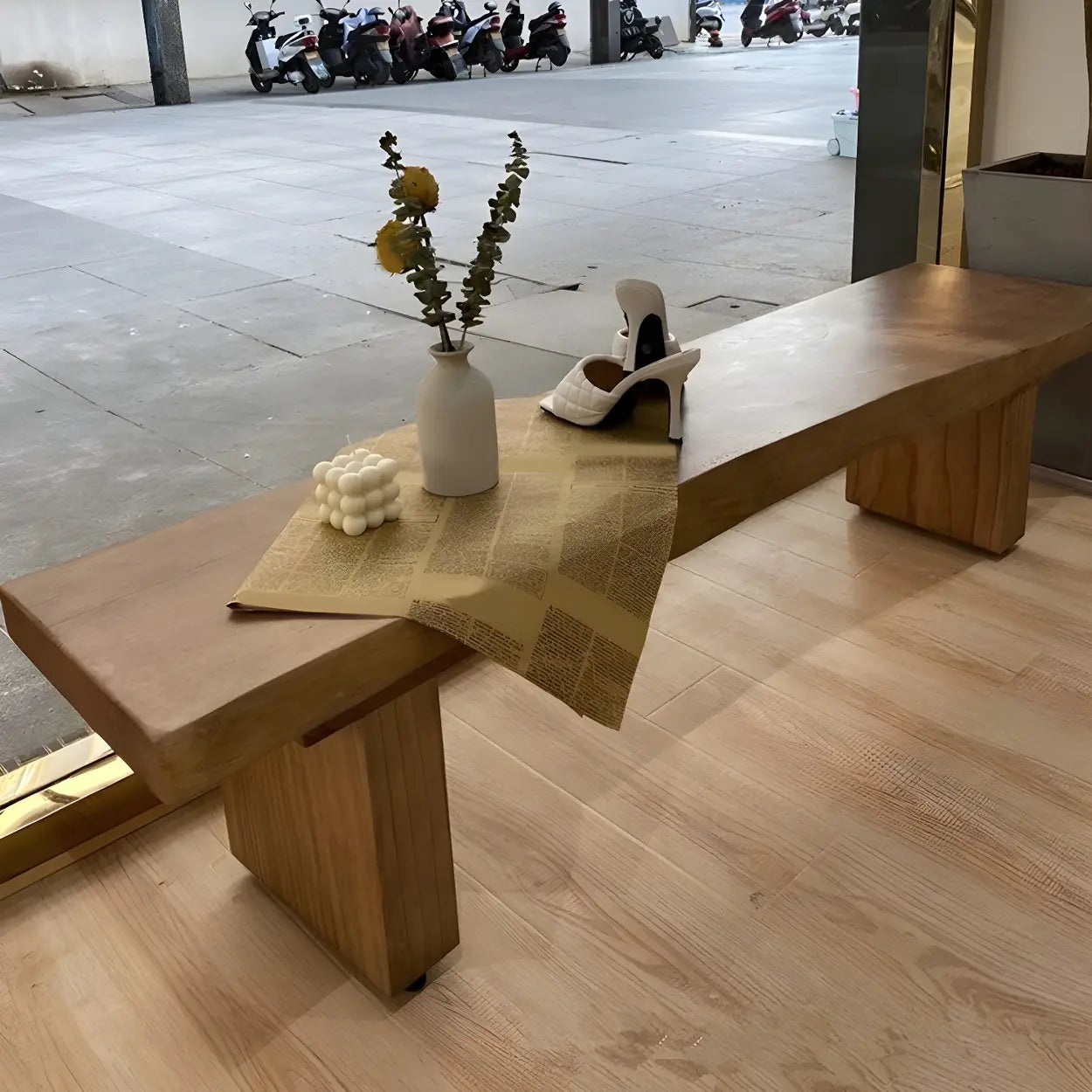 Rustic Brown Curved Pine Dining Bench