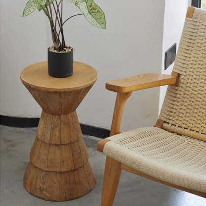 Rustic Brown Round Natural Wood Side Table — Brown