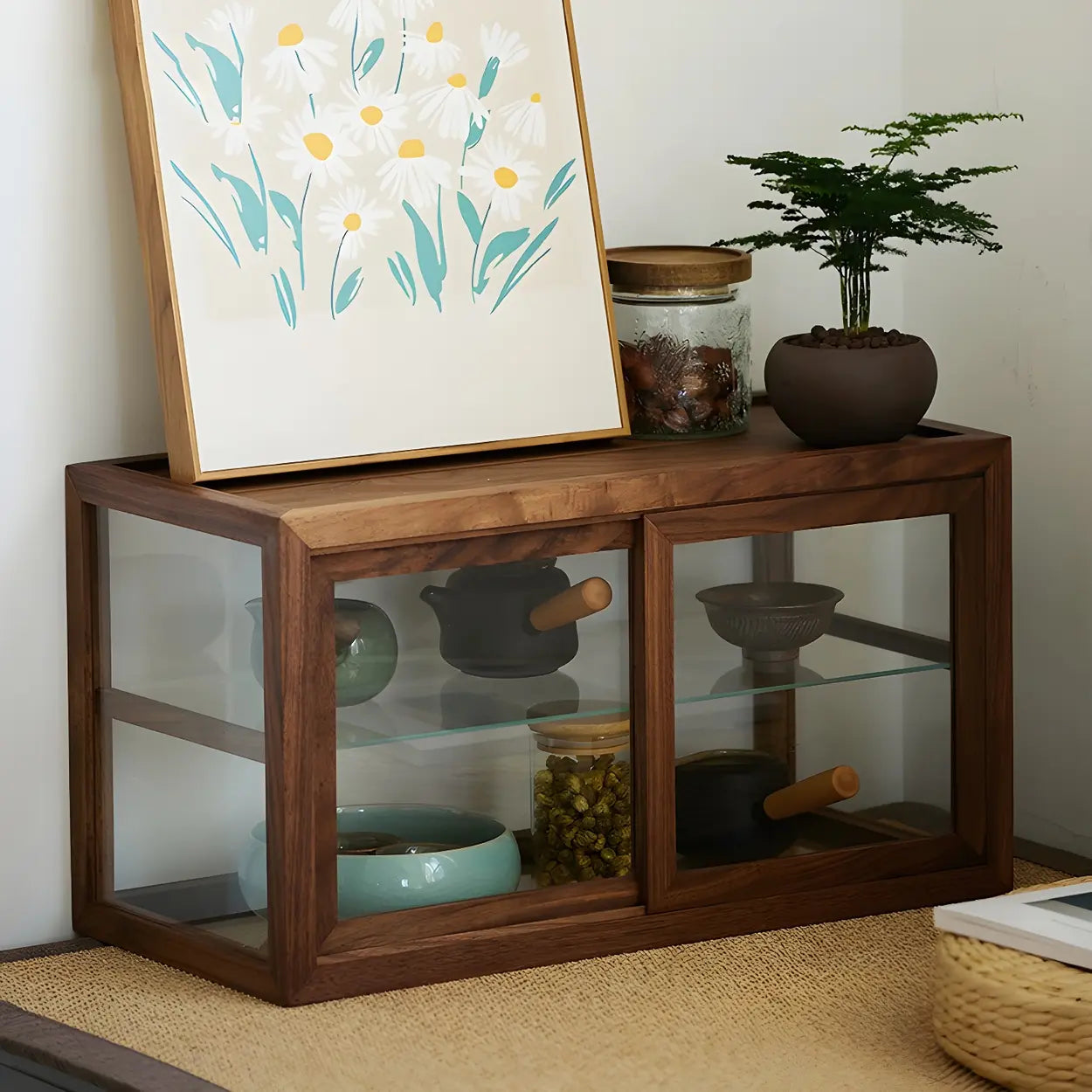 Rustic Brown Small Rectangular Wood Display Cabinet — Brown