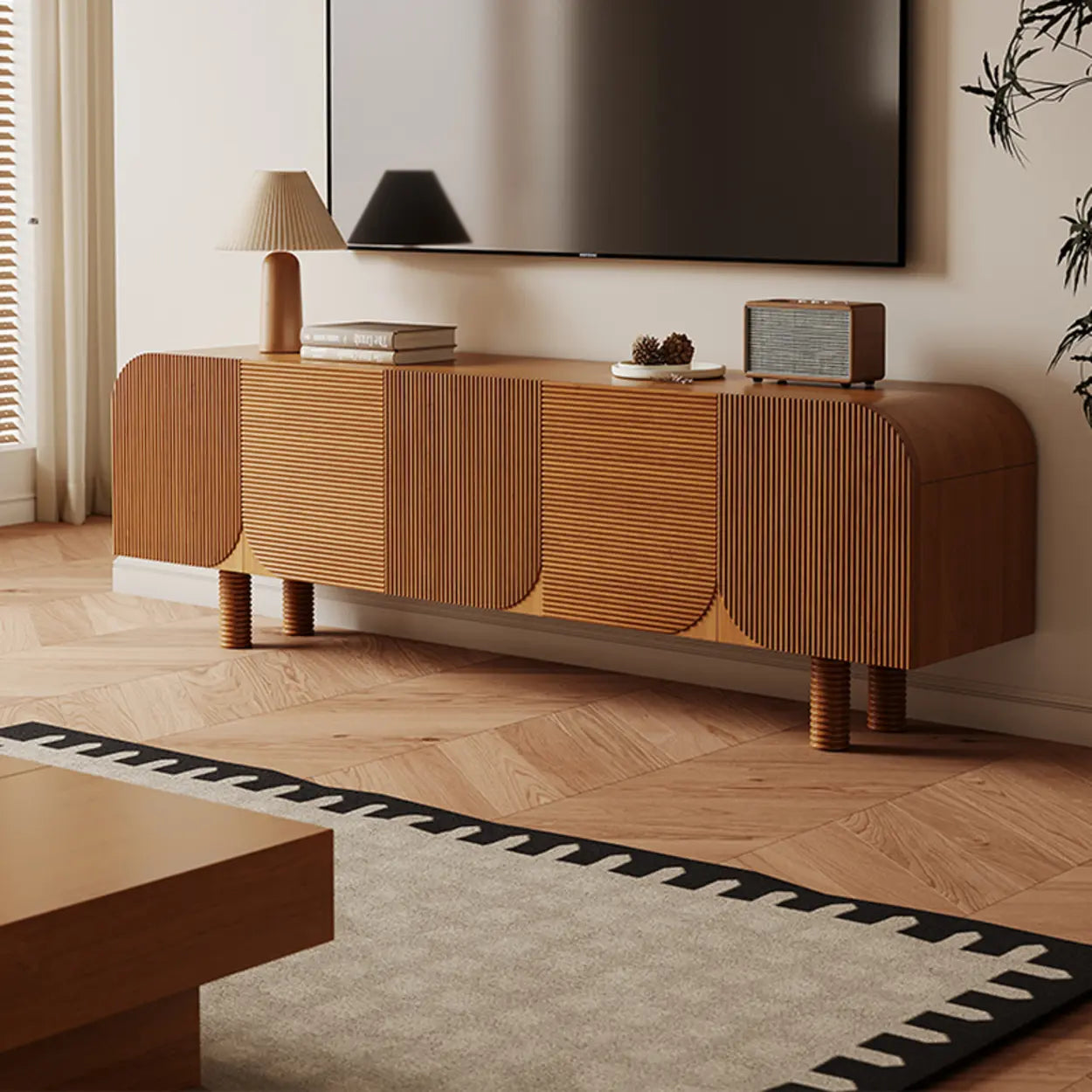 Rustic Brown Wood Long Curved TV Stand with Cabinet