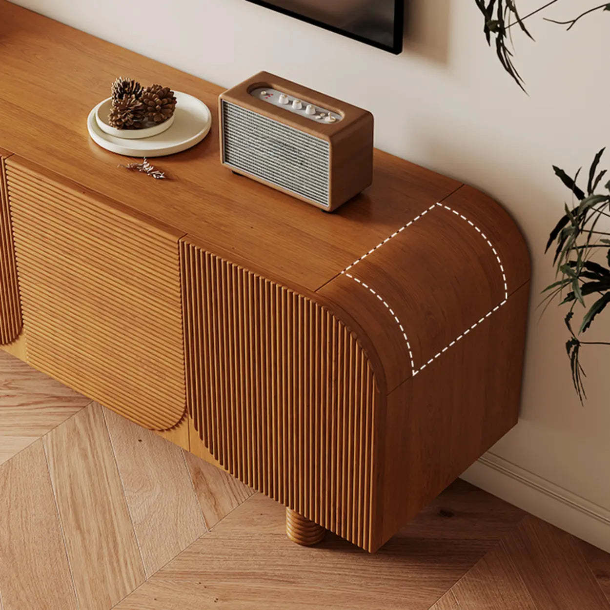 Rustic Brown Wood Long Curved TV Stand with Cabinet