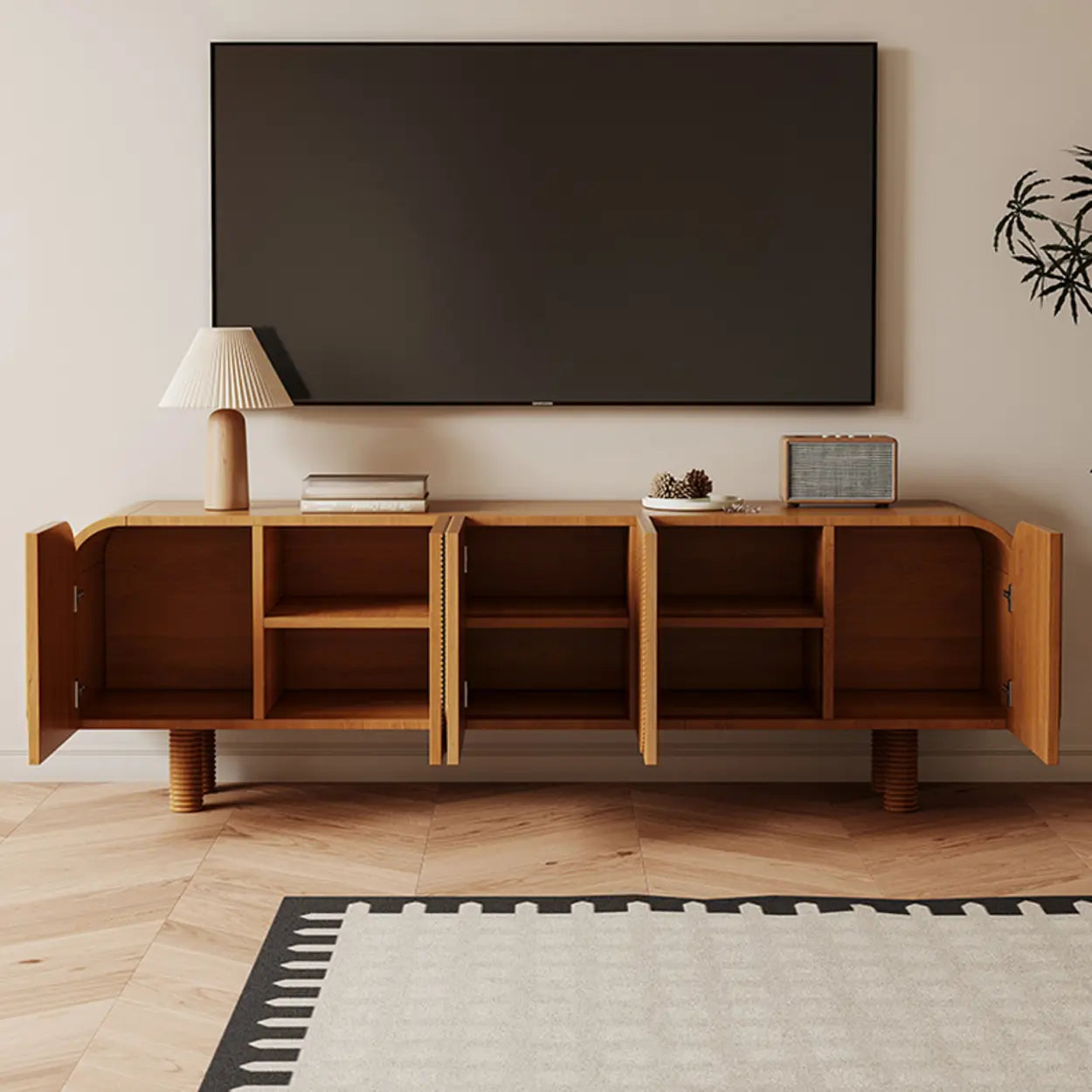 Rustic Brown Wood Long Curved TV Stand with Cabinet
