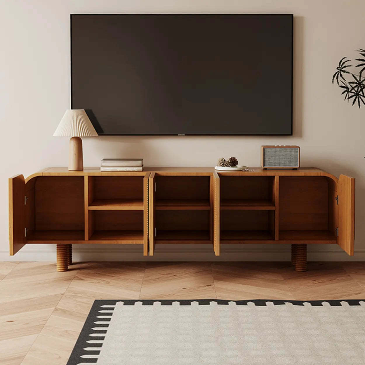 Rustic Brown Wood Long Curved TV Stand with Cabinet