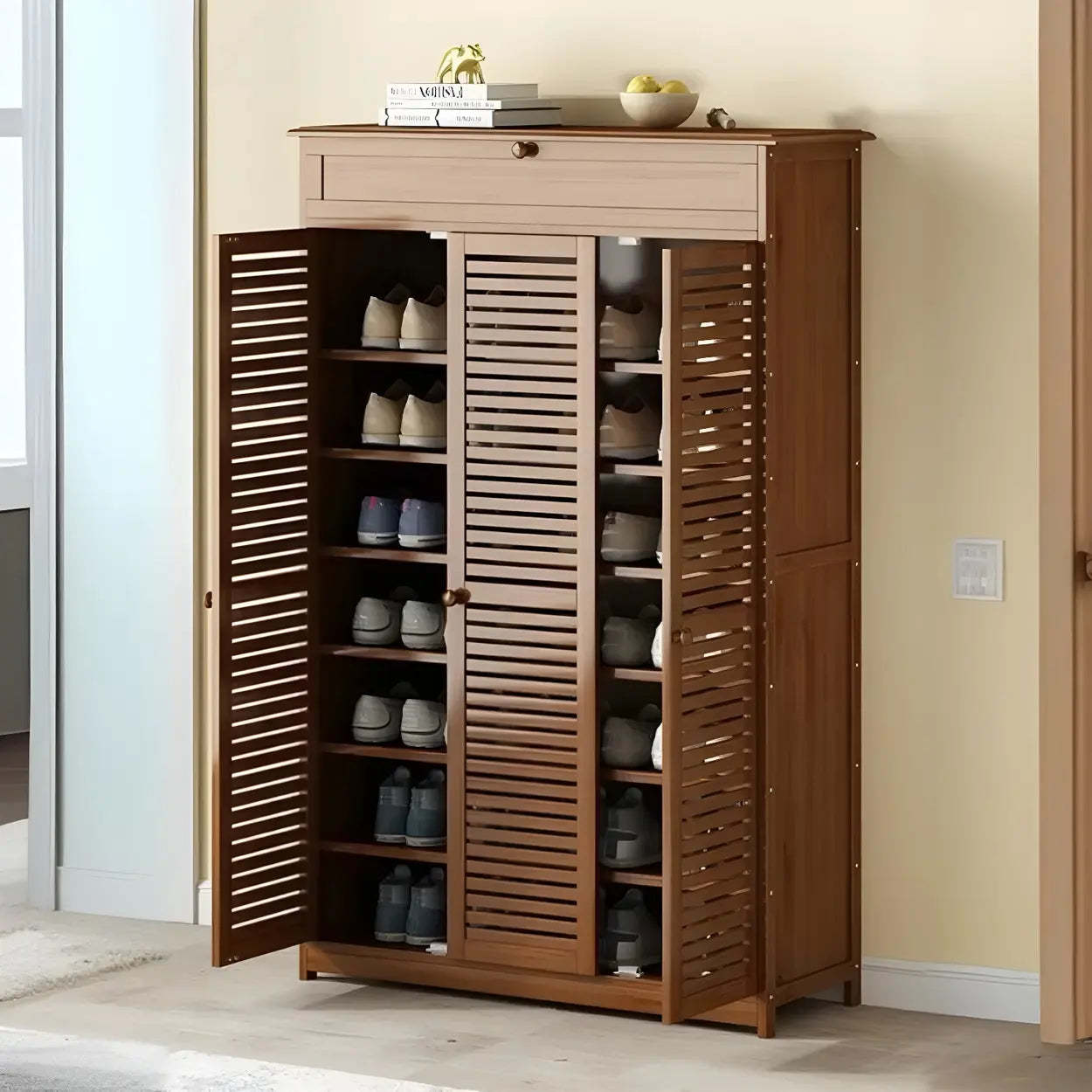 Rustic Brown Wood Hallway Shoe Cabinet