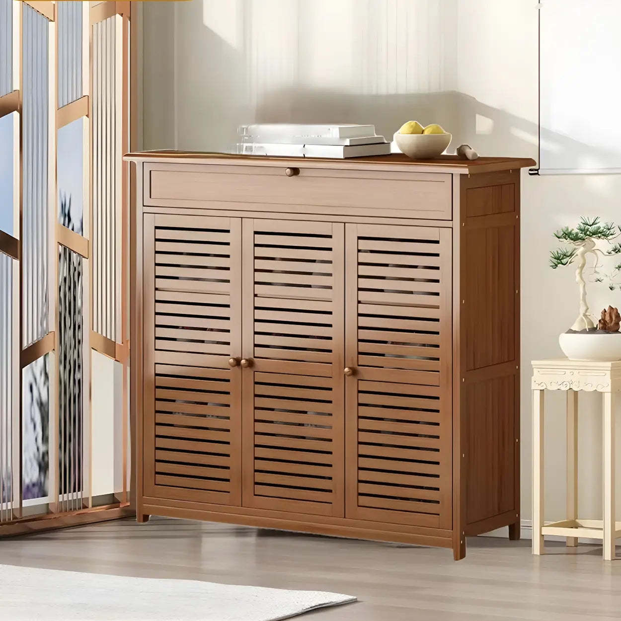 Rustic Brown Wood Hallway Shoe Cabinet