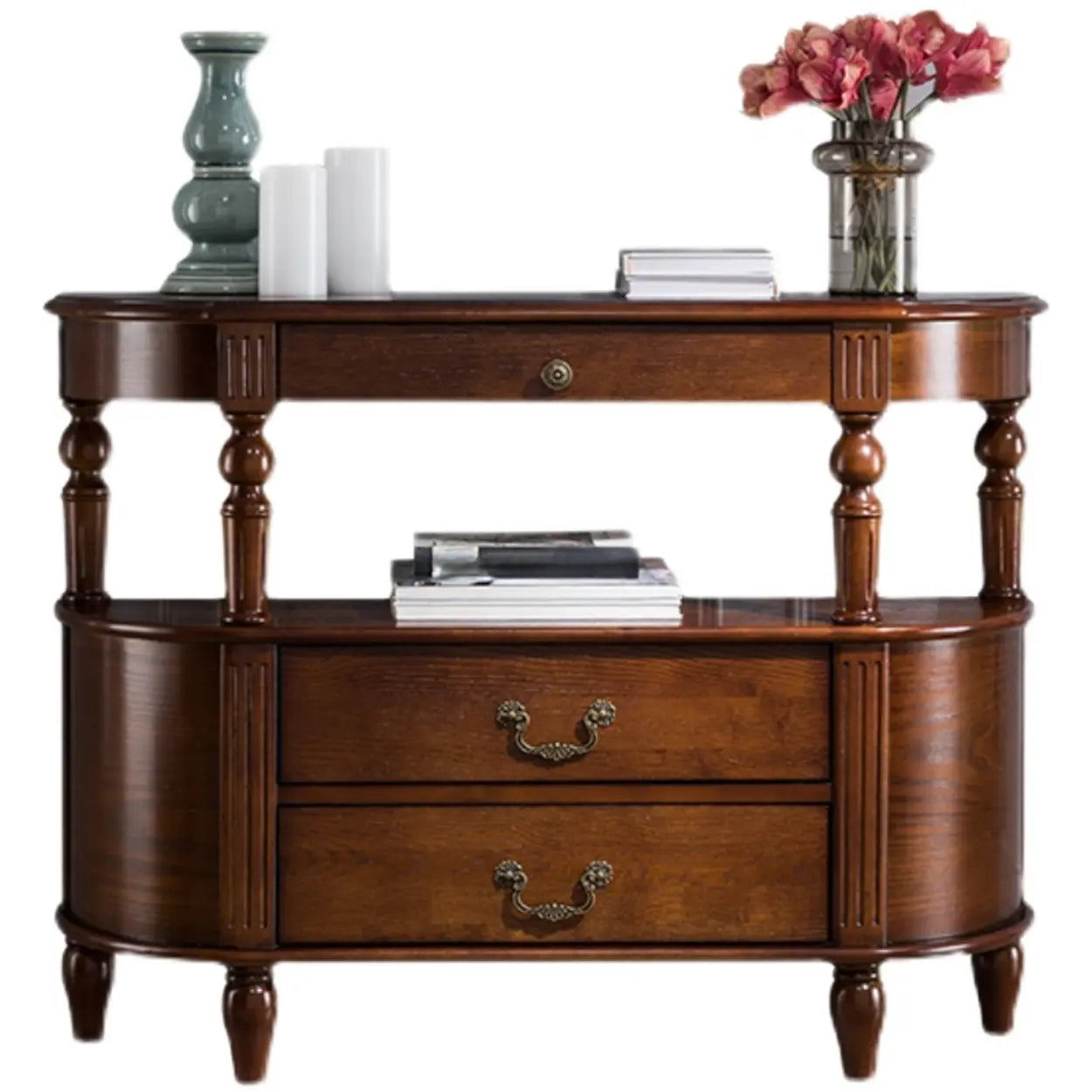 Rustic Curved Mahogany Storage Console Table